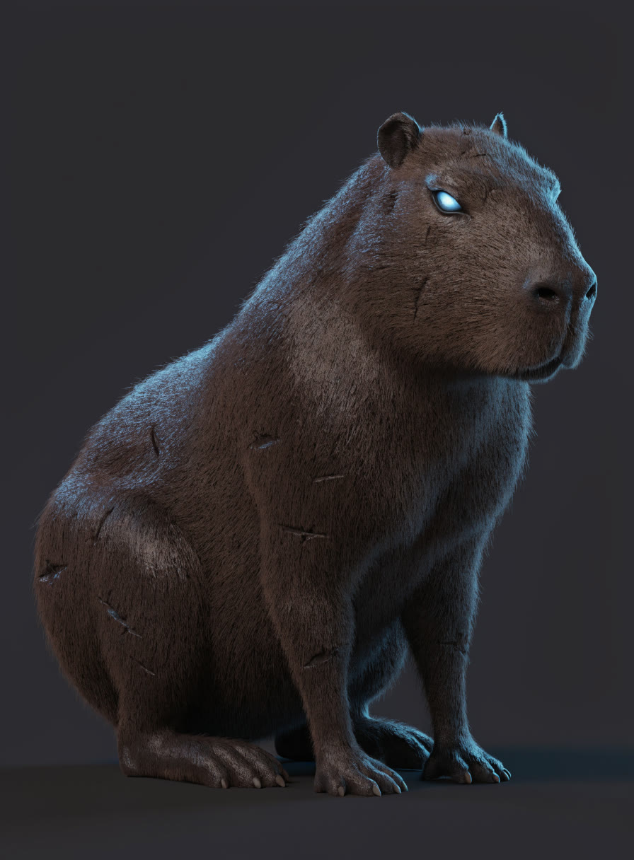 capy b0t, a dark capybara, sitting very still